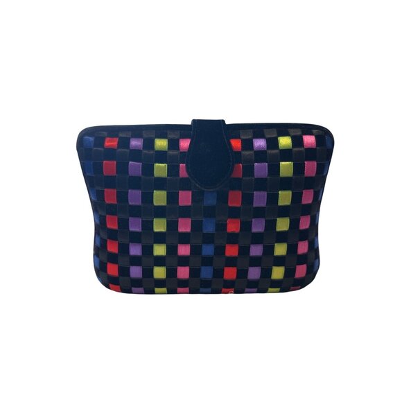 Woven Multicolor Checkered Satin Evening Clutch Purse With Snap Closure & Detach - Picture 3 of 5